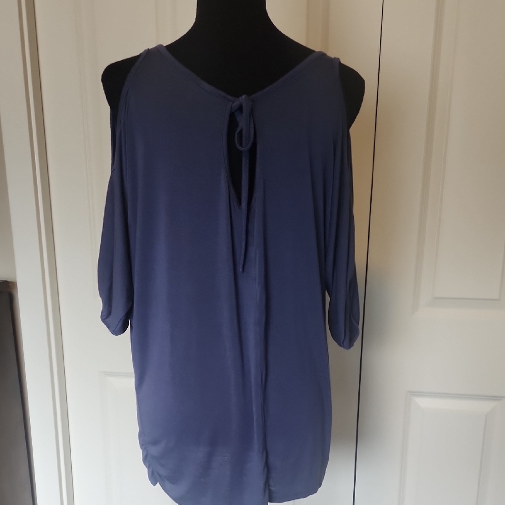 YOINS Slate Blue Cold-Shoulder Scoop Neck Top With Tie-back Neck